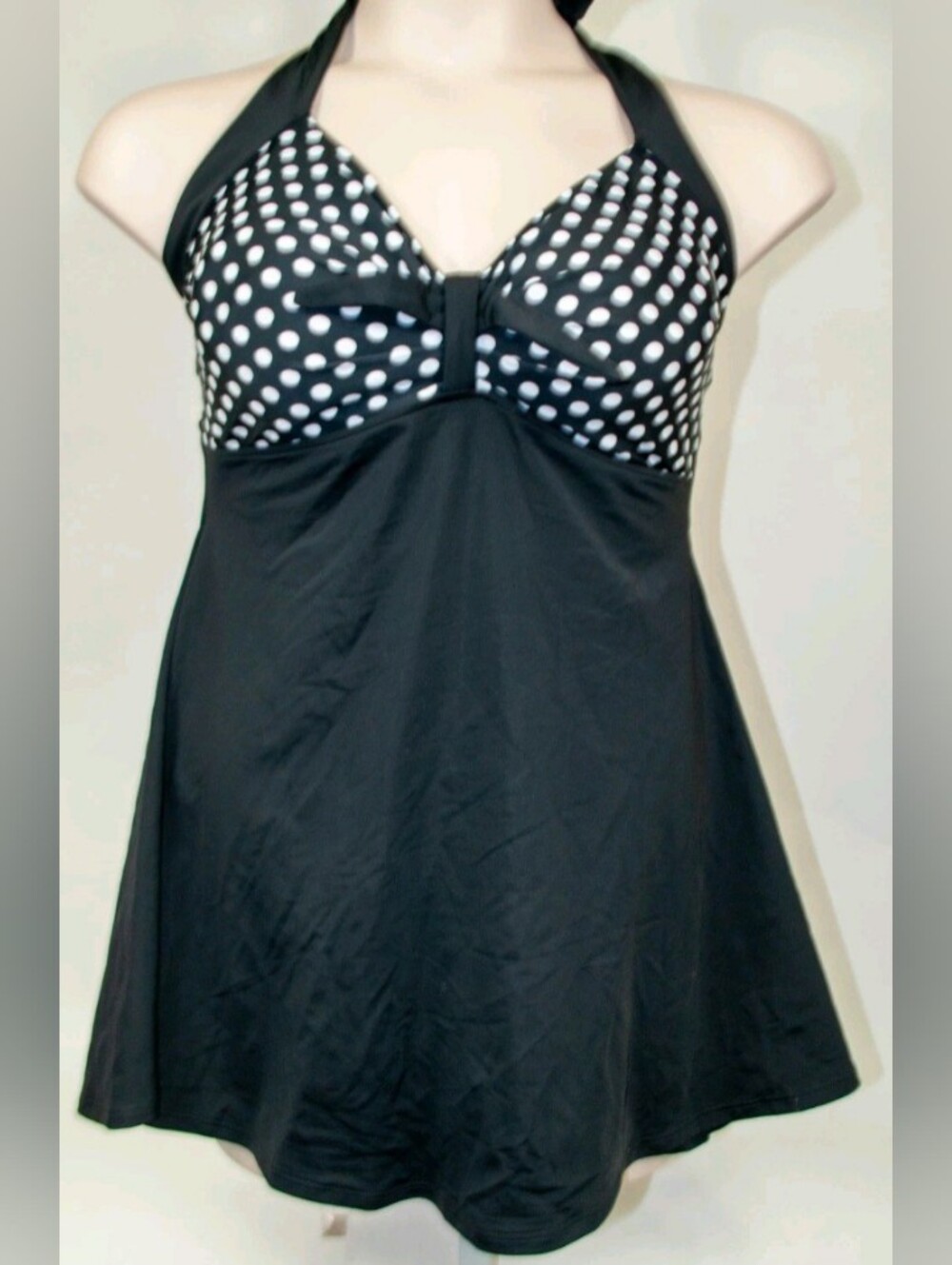 COCOSHIP Black and White Polka Dot Halter One-Piece Swimdress
